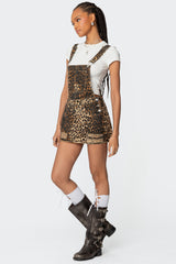 Leopard Denim Overall Mini Dress