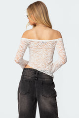 Asymmetric Sheer Lace Off Shoulder Top