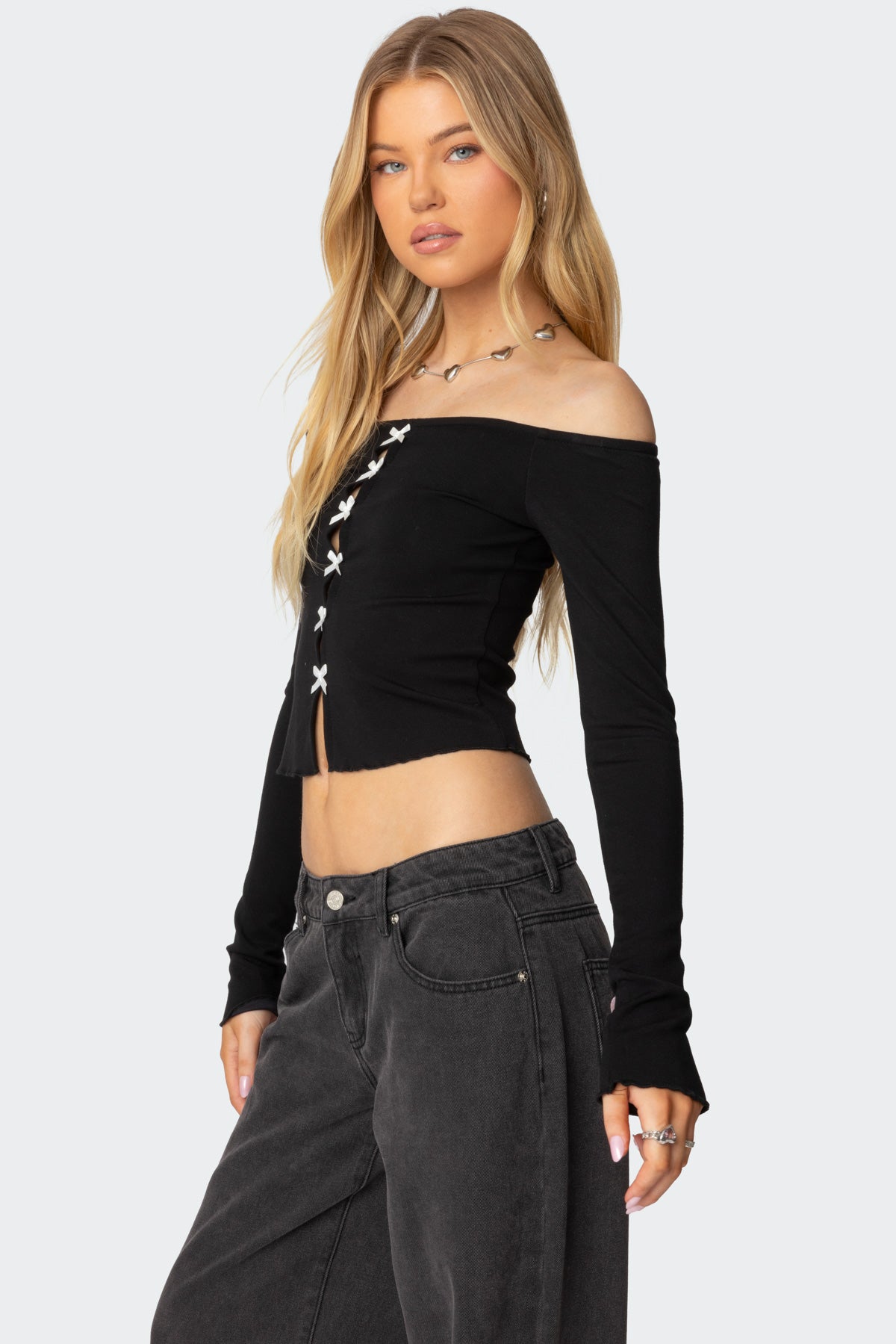 Contrast Bow Off Shoulder Top