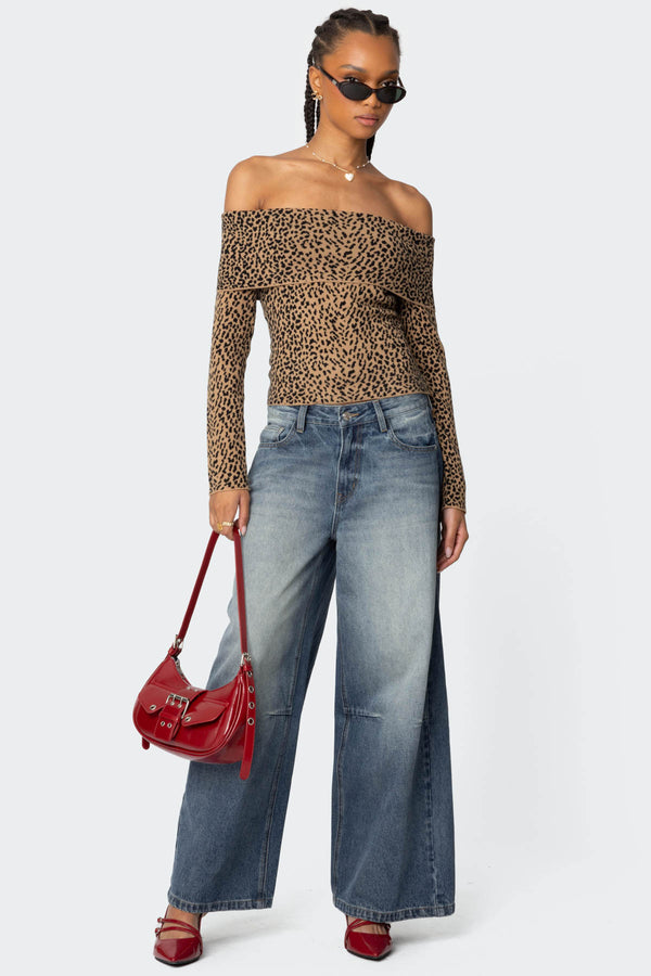 Leopard Printed Fold Over Knit Top