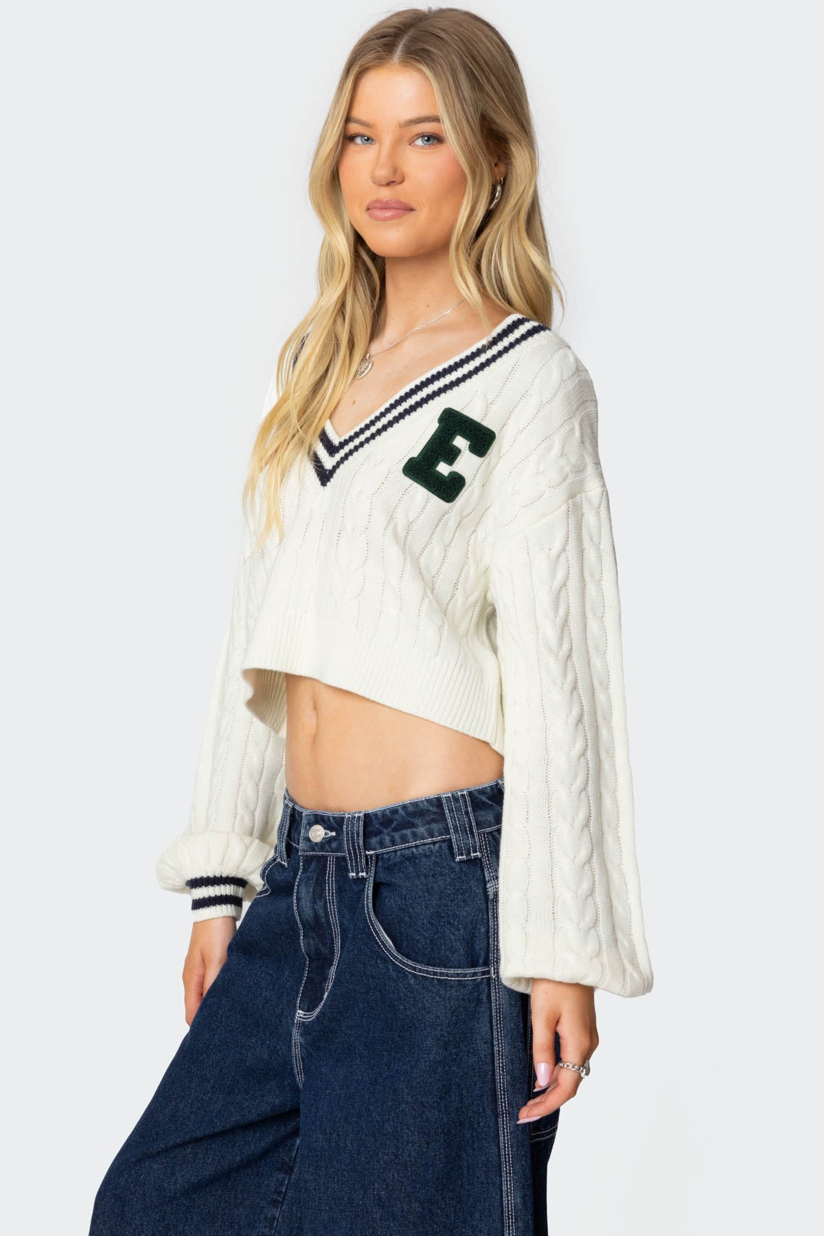 Collegiate Cropped Cable Knit Sweater