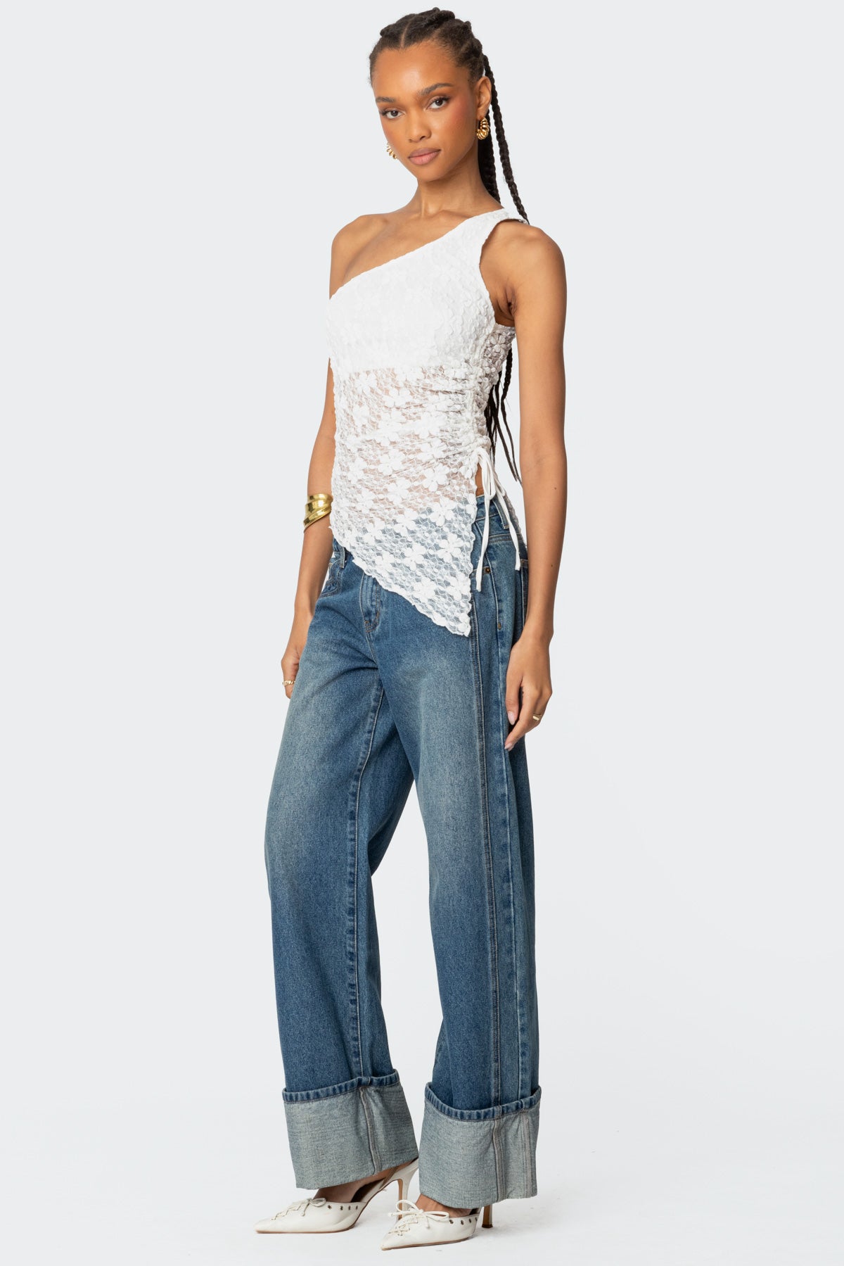 Lacey Sheer Asymmetric Drawstring Top