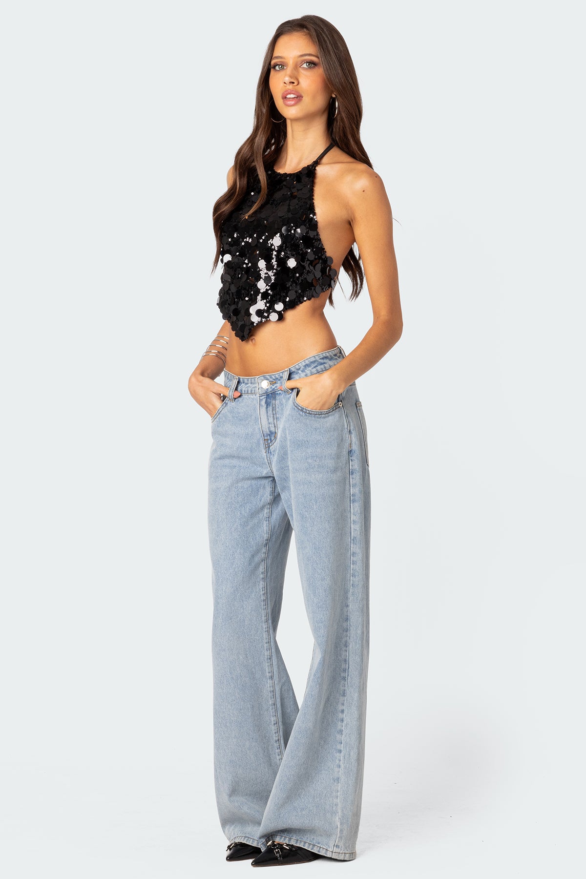 Caelia Sequin Open Back Top