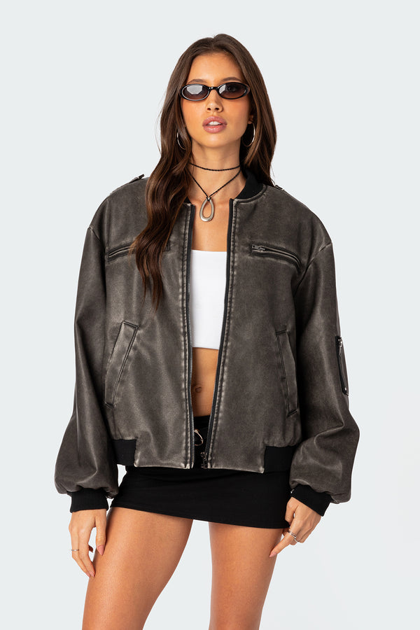 Vava Washed Faux Leather Bomber Jacket