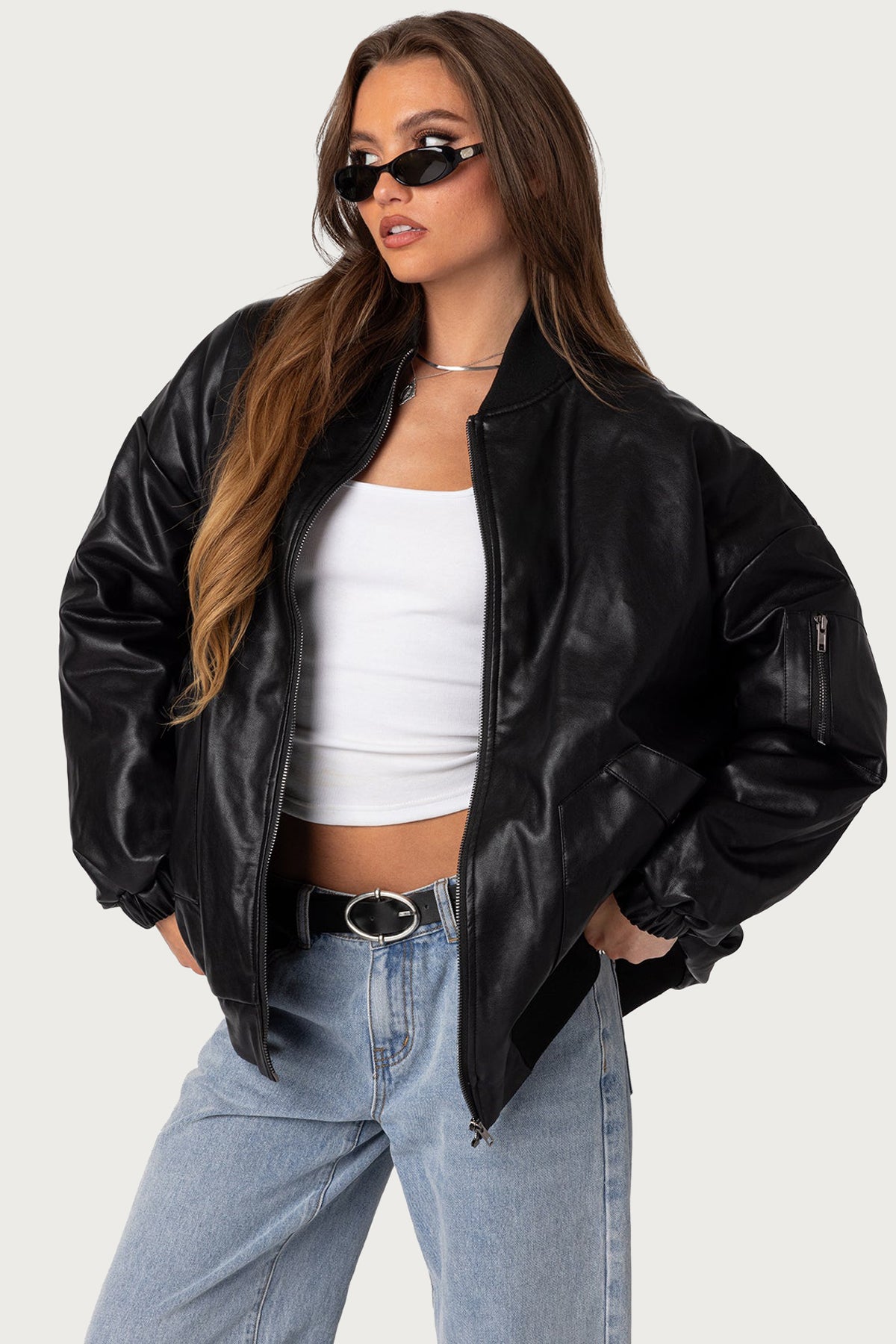 Faux Leather Oversized Bomber Jacket