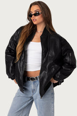 Faux Leather Oversized Bomber Jacket