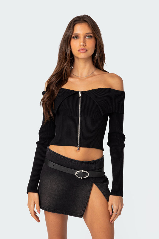Fold Over Double Zip Knit Top