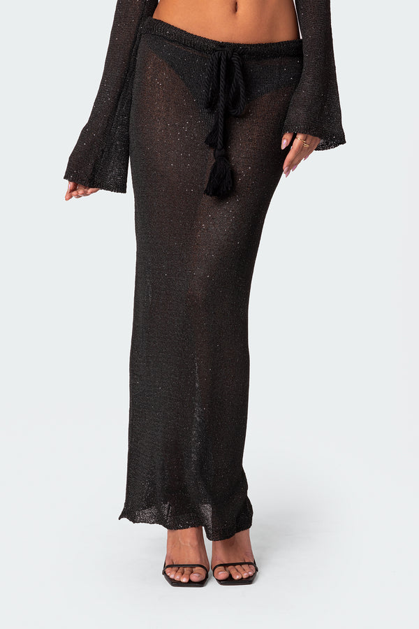 Micro Sequin Tassel Sheer Knit Maxi Skirt