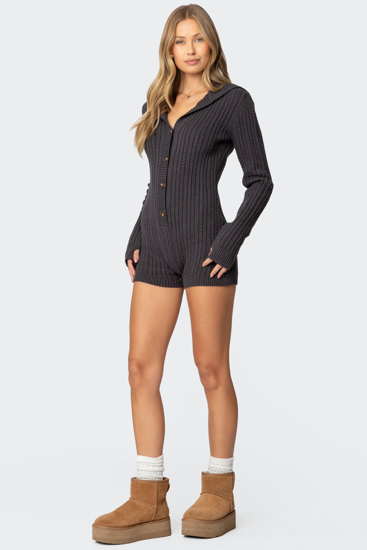 Hooded Cable Knit Romper