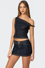 Keira Buckled Asymmetric Denim Top