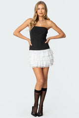 Strapless Pinstripe Ruffle Skirt Mini Dress