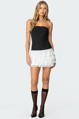 Strapless Pinstripe Ruffle Skirt Mini Dress