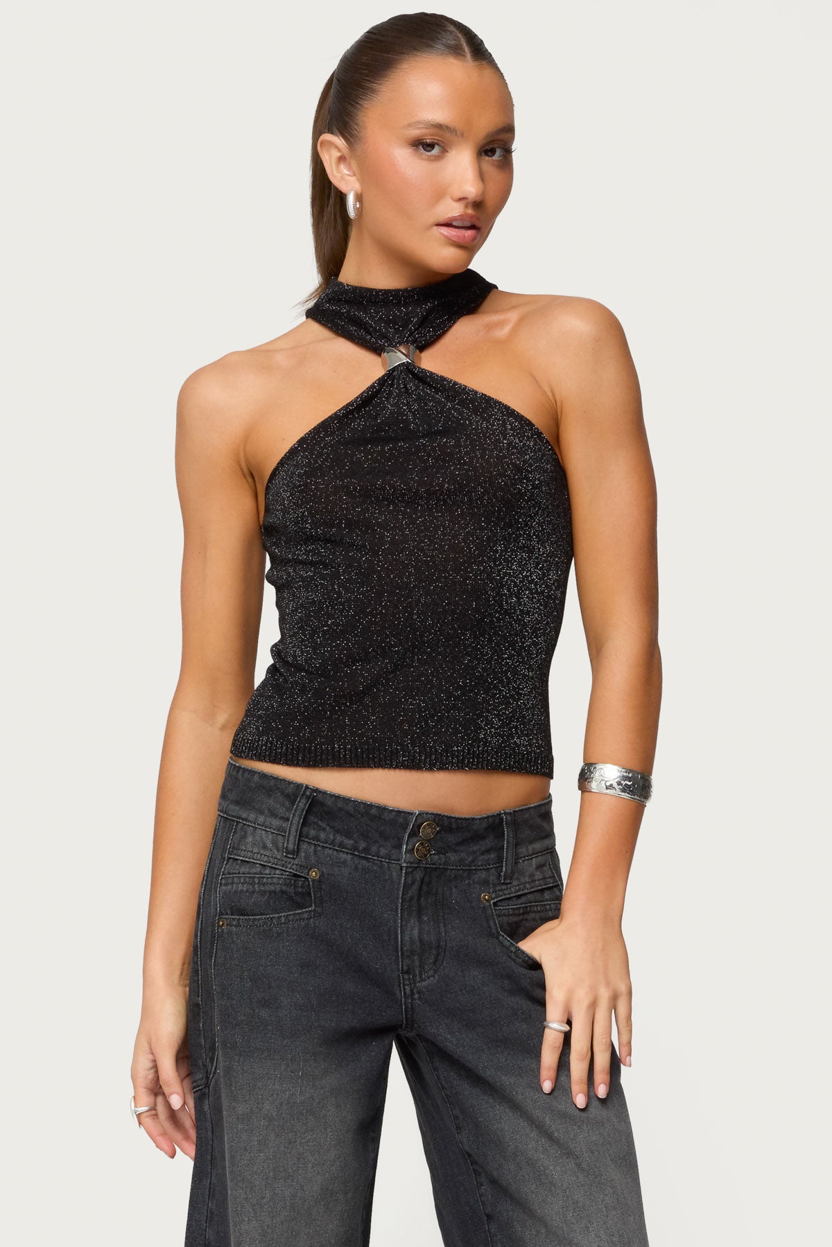 Nalia Gathered Ring Glitter Knit Top