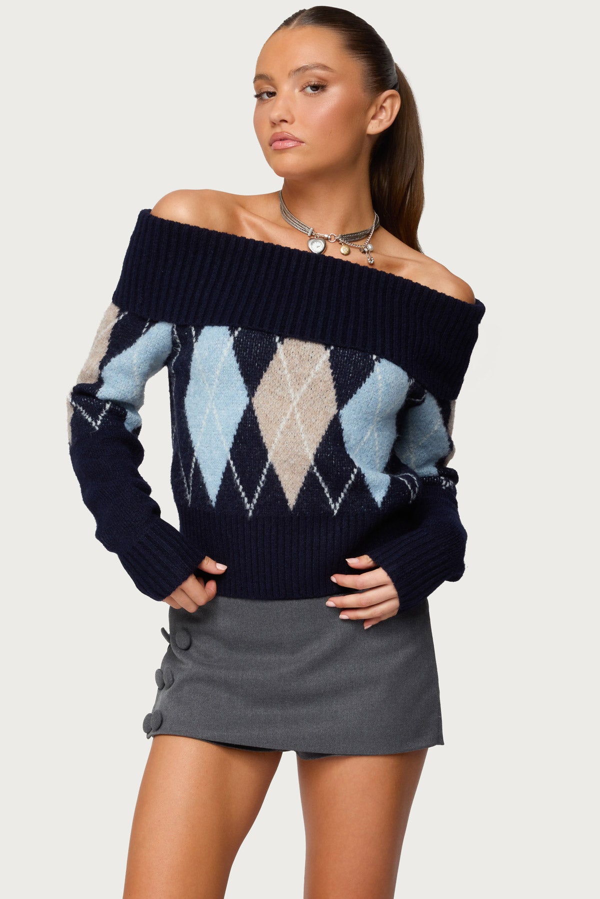 Jakarie Argyle Foldover Sweater