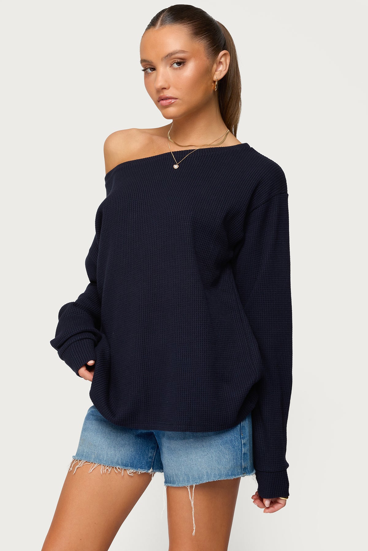 Damari Off Shoulder Oversized Waffle Top