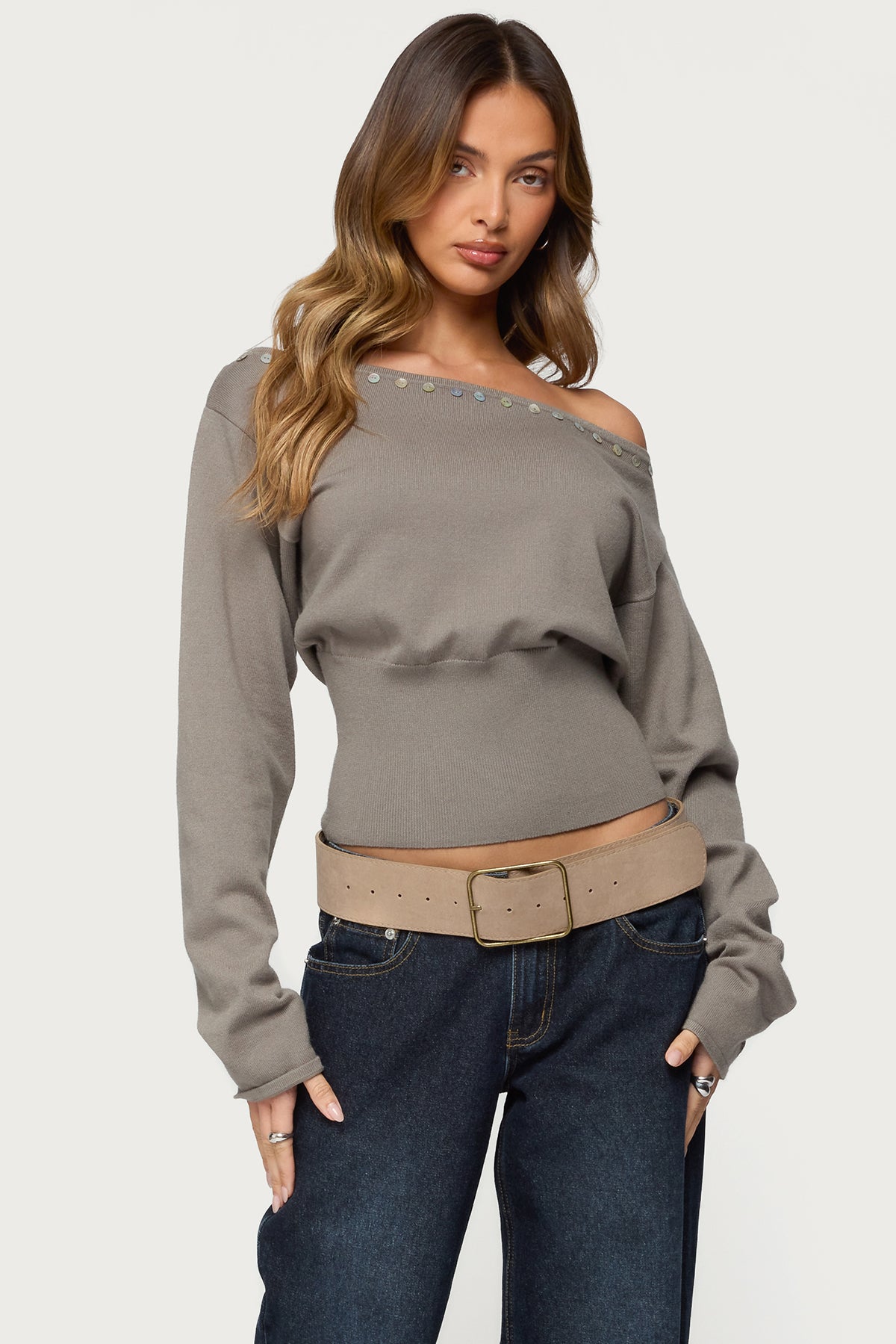 Carmela Iridescent Button Off Shoulder Sweater – edikted