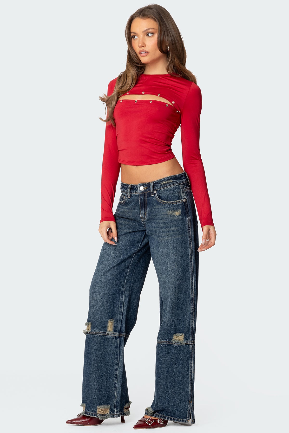 Slitted Distressed Low Rise Jeans