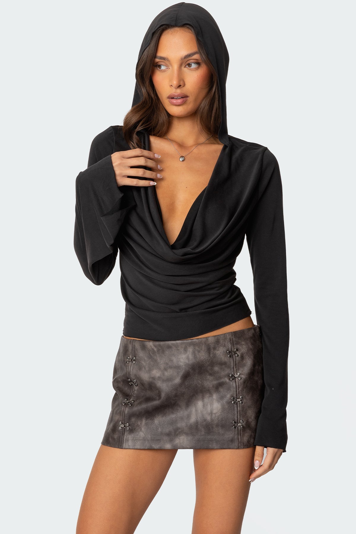 Nira Hooded Cowl Neck Top