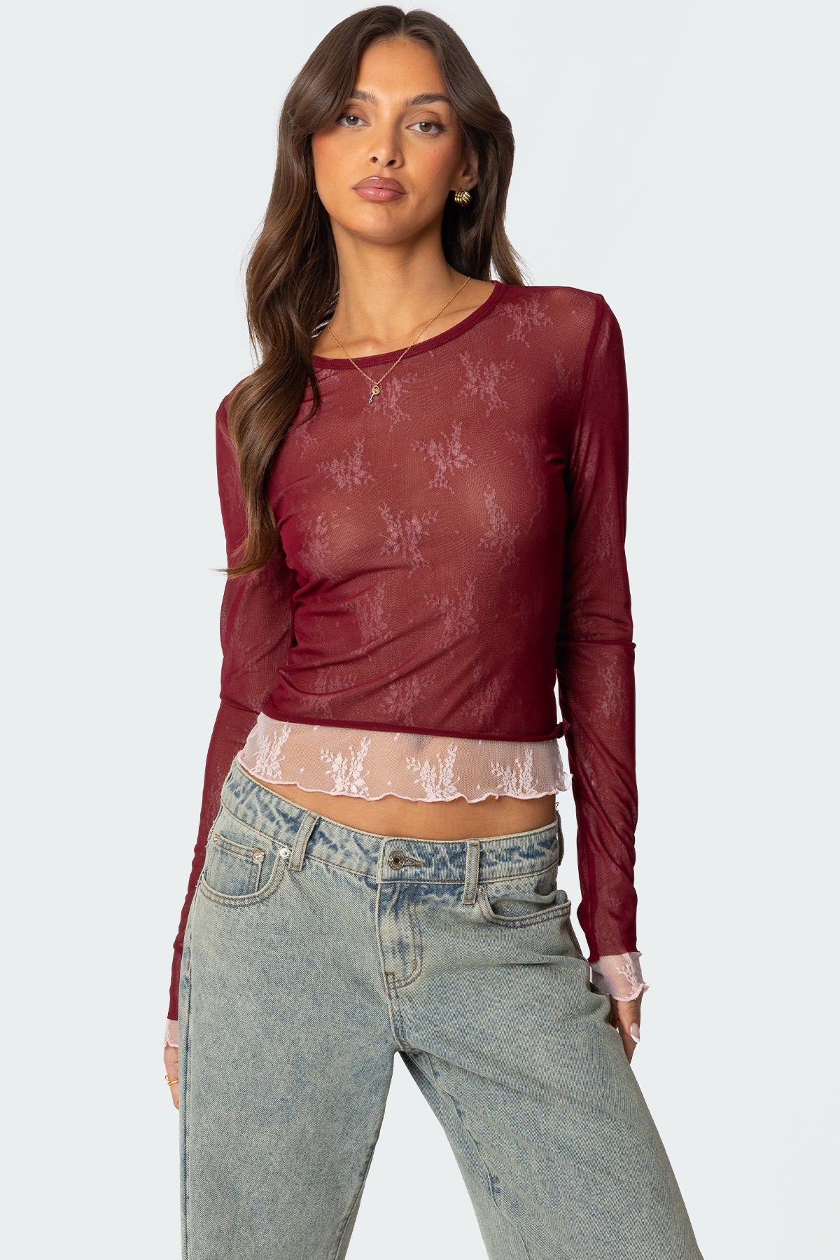 Lacey Sheer Mesh Crew Neck Top