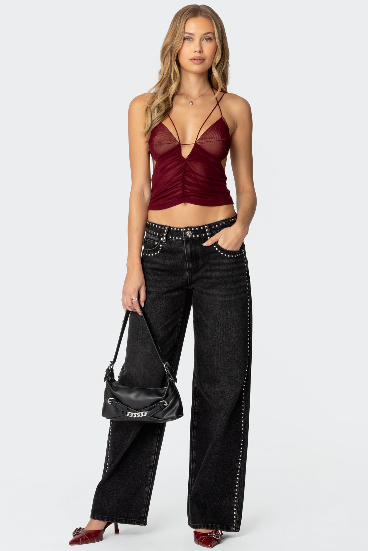 Strappy Ruched Mesh Top