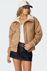 Faux Suede Shearling Bomber Jacket