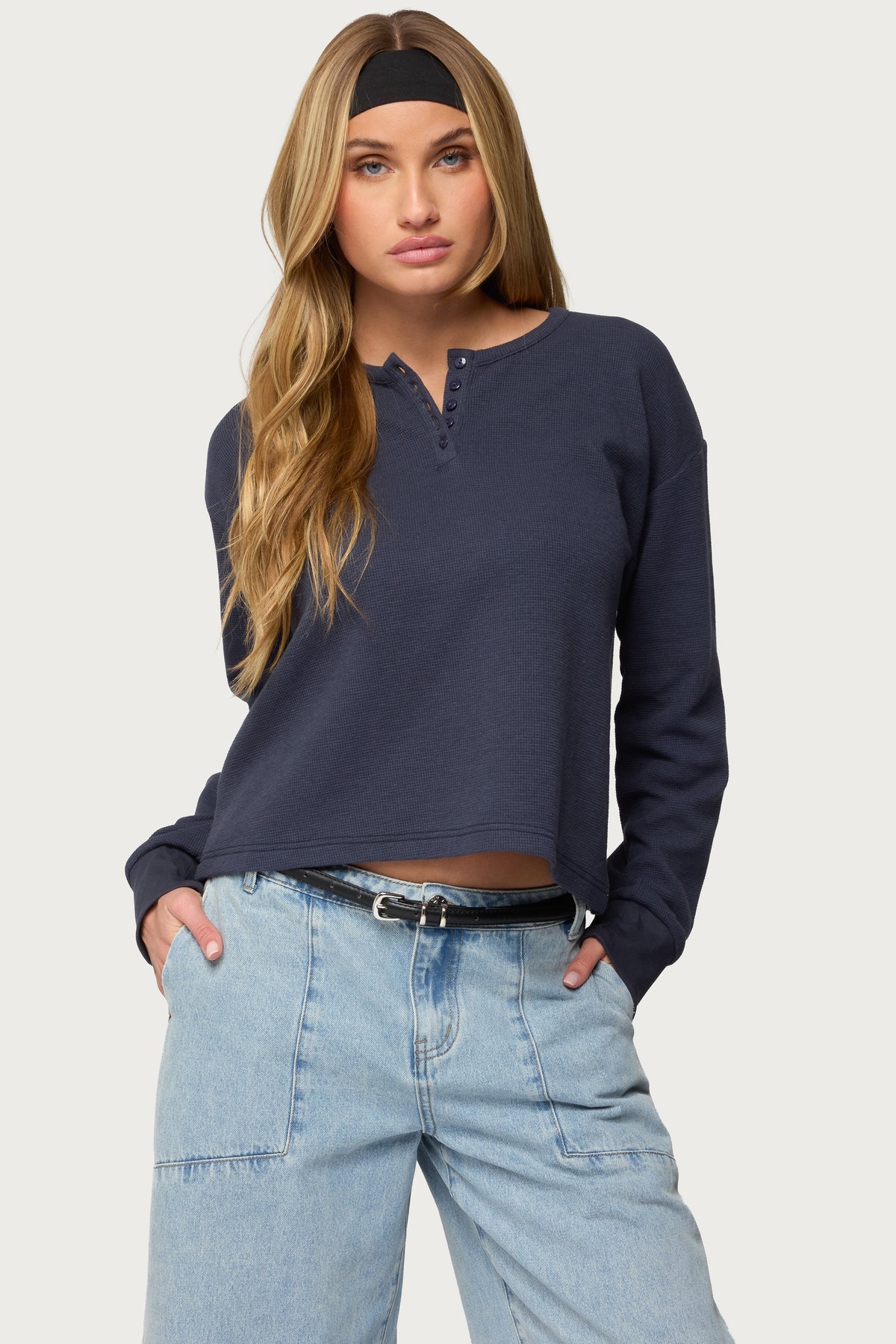 Deni Long Sleeve Henley Waffle Top