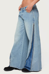 Zippered Washed Low Rise Wide Leg Jeans