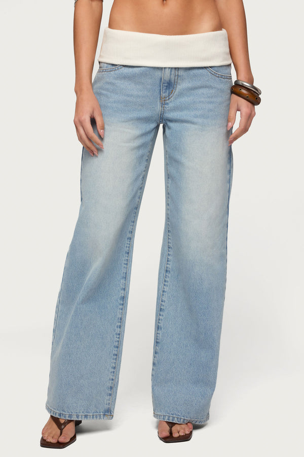 Knit Foldover Low Rise Baggy Jeans