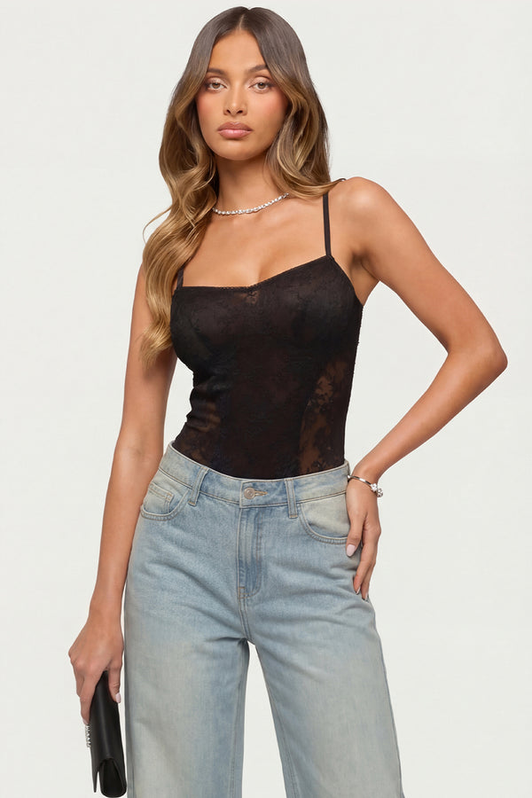 Carinna Sheer Lace Cutout Bodysuit