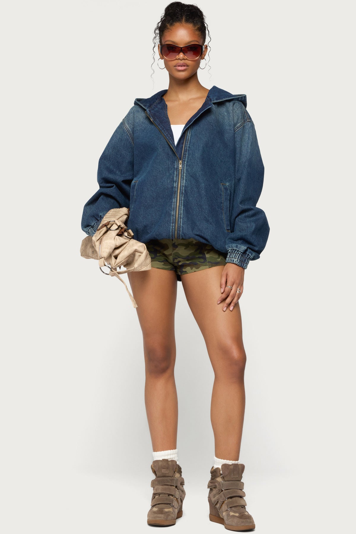 Hooded Vintage Washed Denim Bomber Jacket
