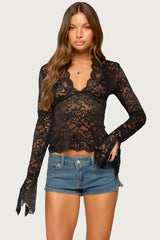 Sheer Lace Bell Sleeve Top