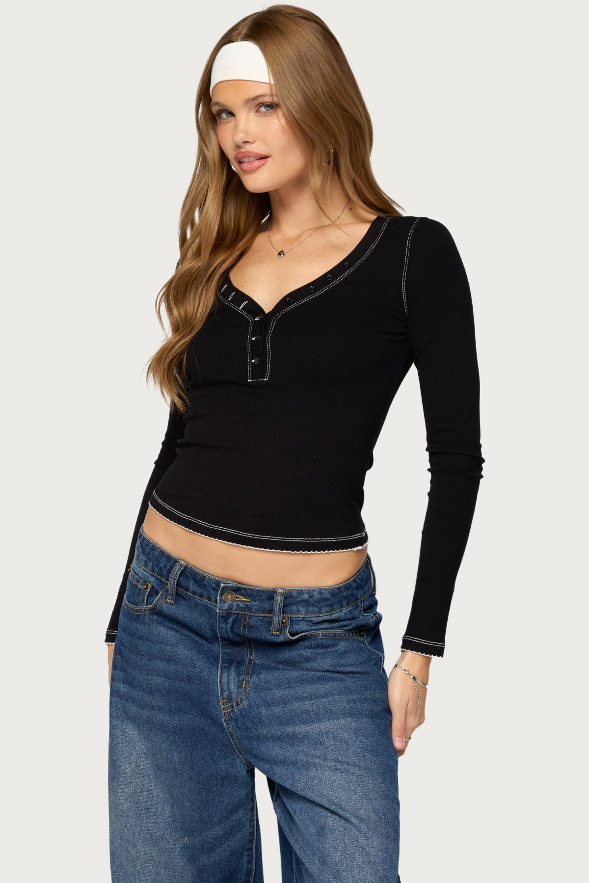 Yael Contrast Stitch Henley Top
