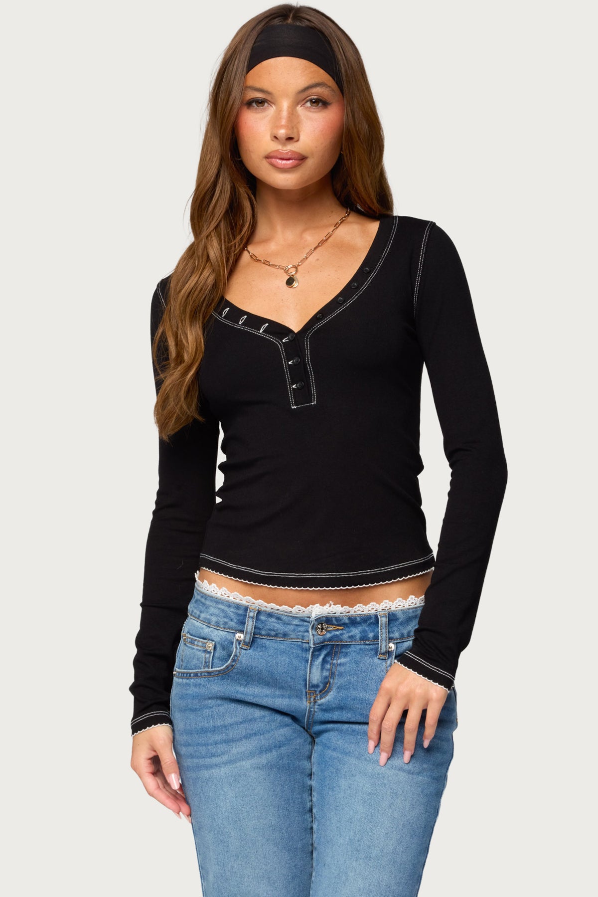 Yael Contrast Stitch Henley Top