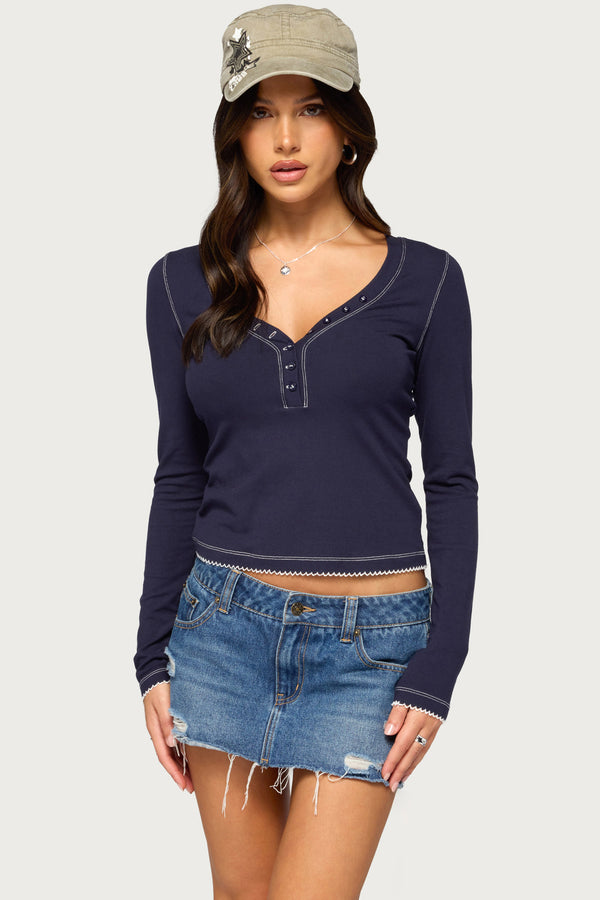 Yael Contrast Stitch Henley Top view 1