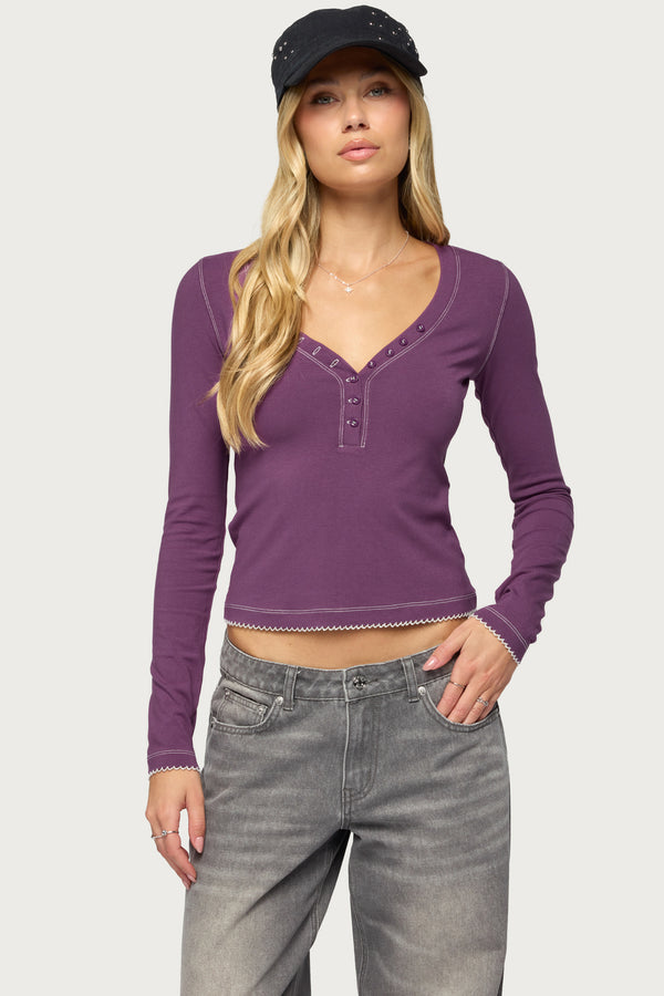 Yael Contrast Stitch Henley Top view 1