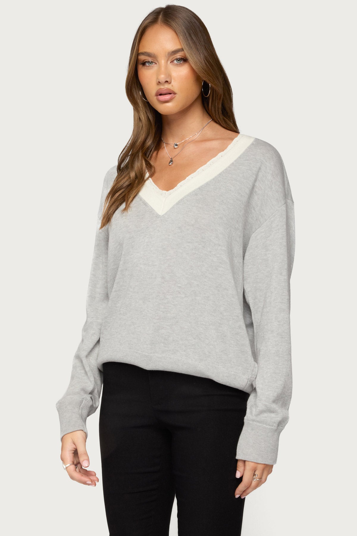 Marie Contrast Lacey V Neck Sweater