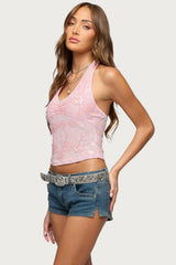 Bead & Sequin Sheer Mesh Halter Top