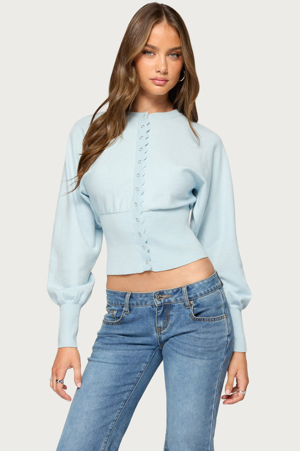 Maizy Puff Sleeve Scalloped Knit Cardigan view 1