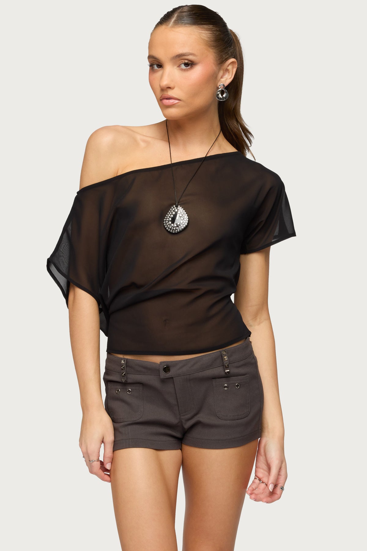 Noria Sheer Chiffon Off Shoulder Top – edikted