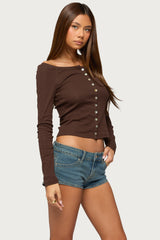 Cameo Boat Neck Button Up Top