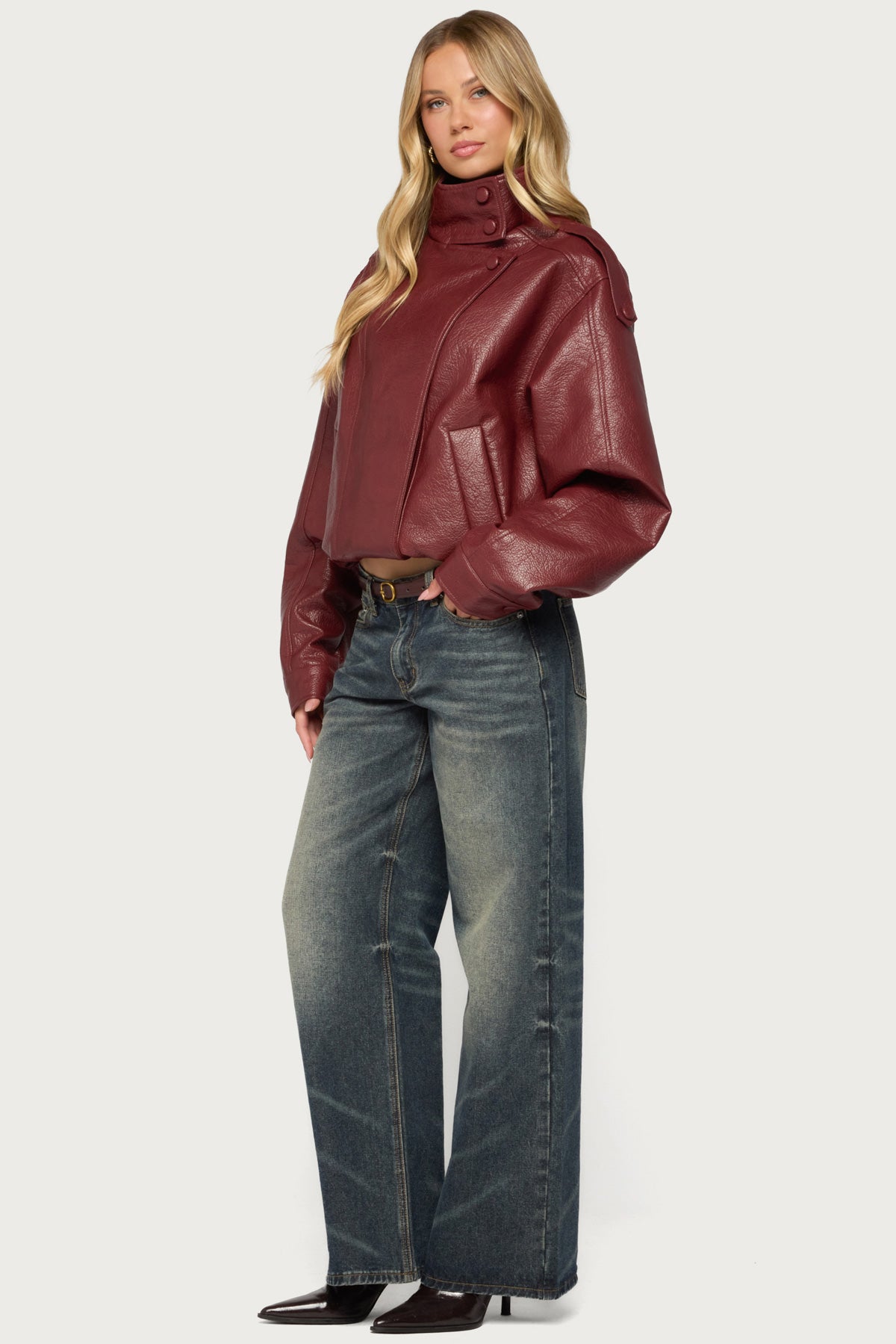 Jaicee High Neck Oversized Faux Leather Jacket