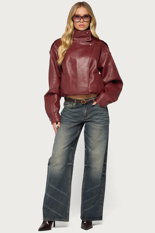 Jaicee High Neck Oversized Faux Leather Jacket