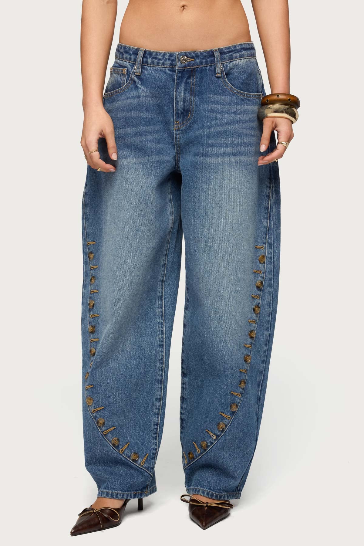 Button Stitch Low Rise Barrel Jeans