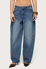 Button Stitch Low Rise Barrel Jeans