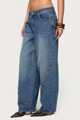 Button Stitch Low Rise Barrel Jeans