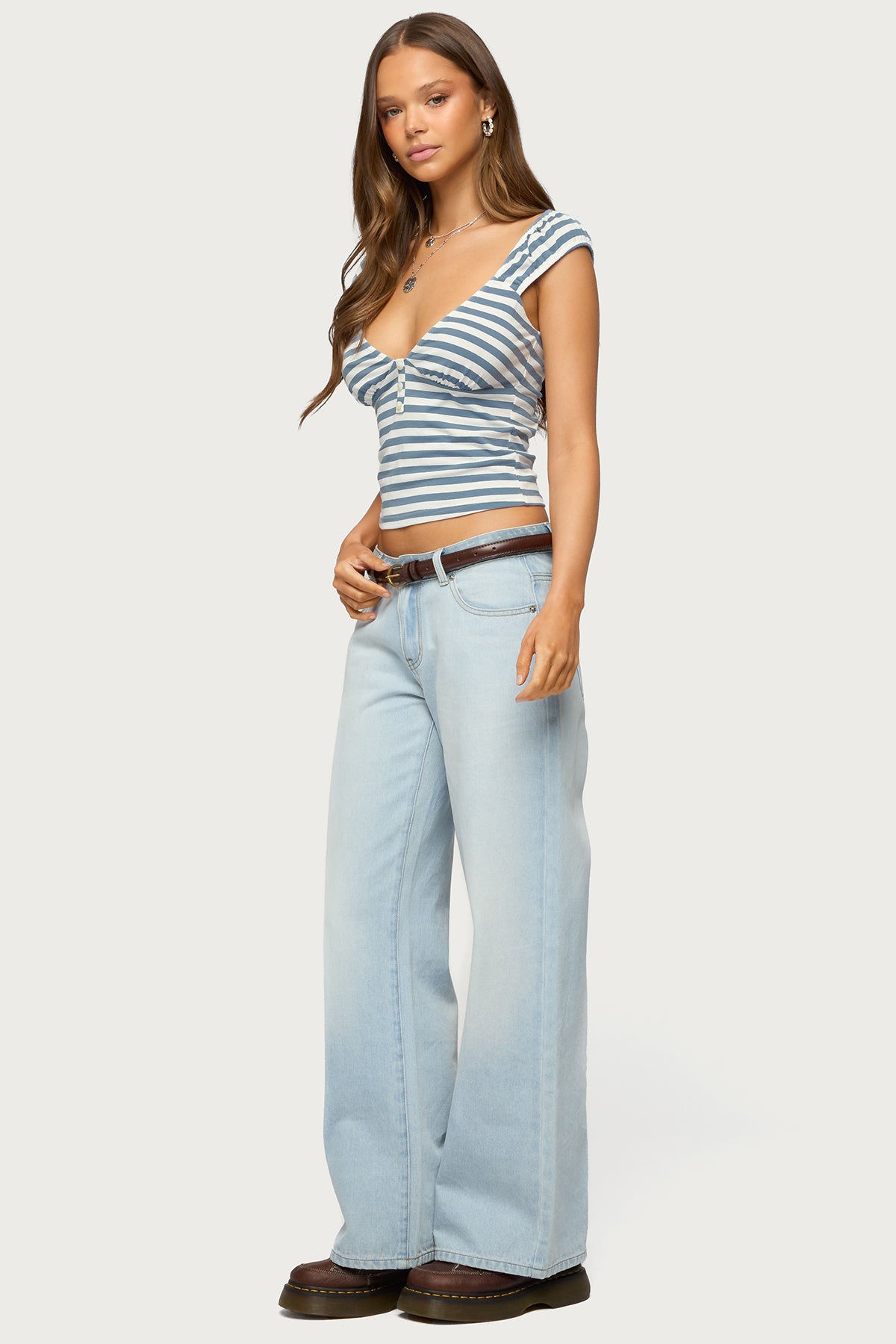 Aina Striped V Neck Henley Top