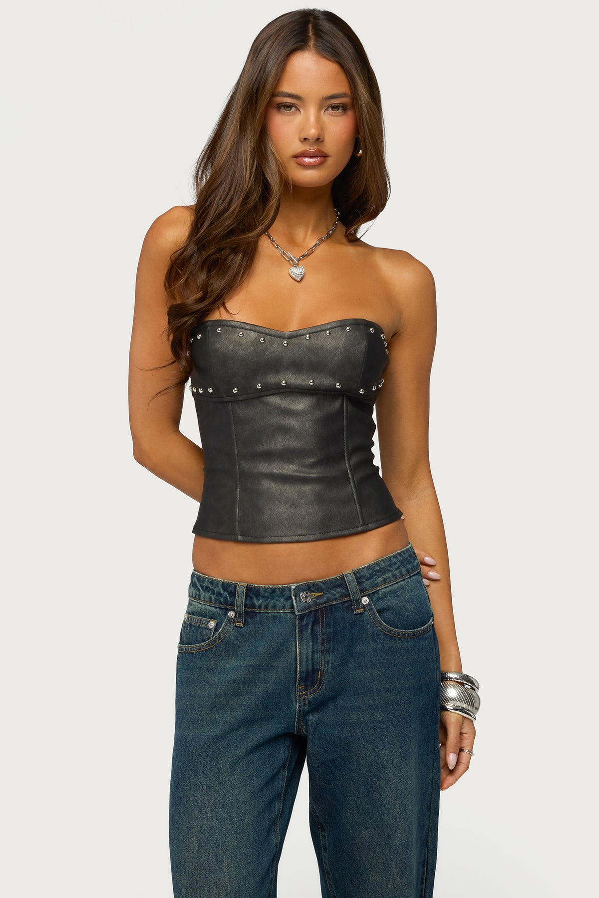 Izara Studded Faux Leather Corset – edikted