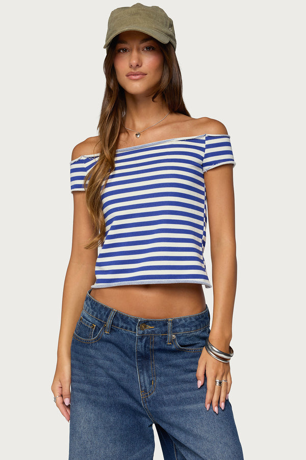French Terry Striped Off Shoulder Top