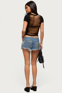 Studded Frayed Low Rise Denim Shorts