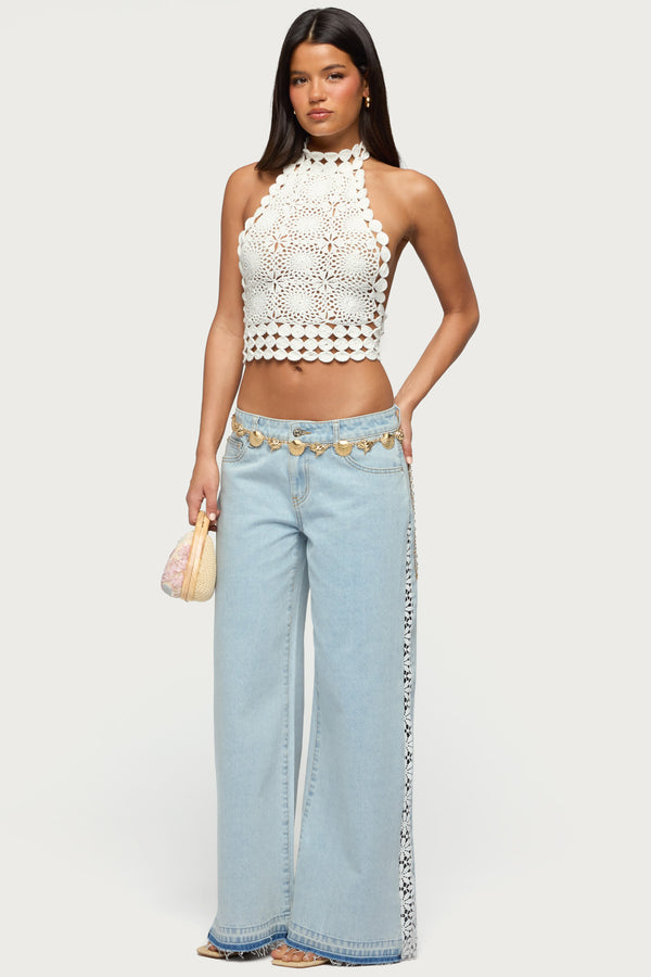 Crochet Panel Low Rise Wide Leg Jeans